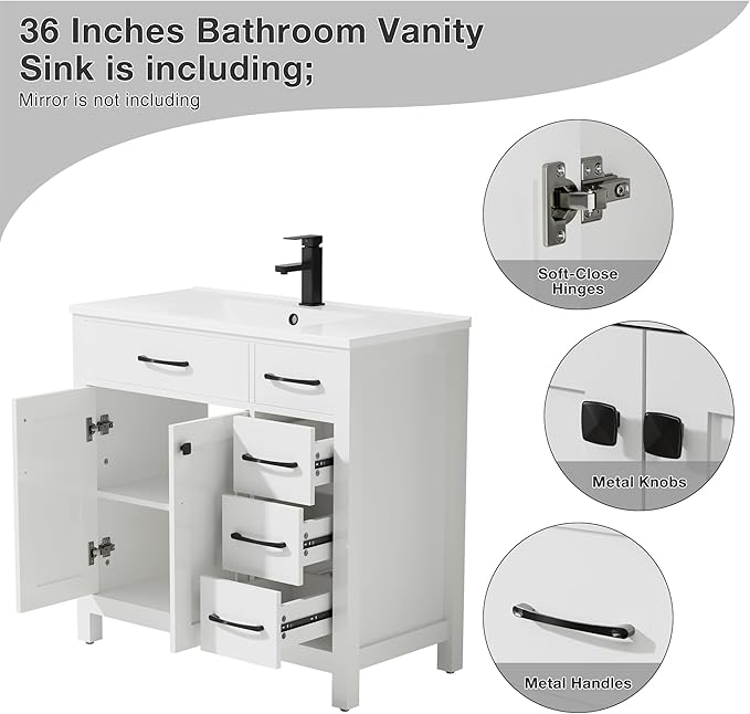 LUCKWIND 36" Bathroom Vanity with Sink Combo, Painted Modern Bathroom Storage Cabinet with Large Sink, Two Doors and Three Drawers, Include Faucet Without Mirror, White