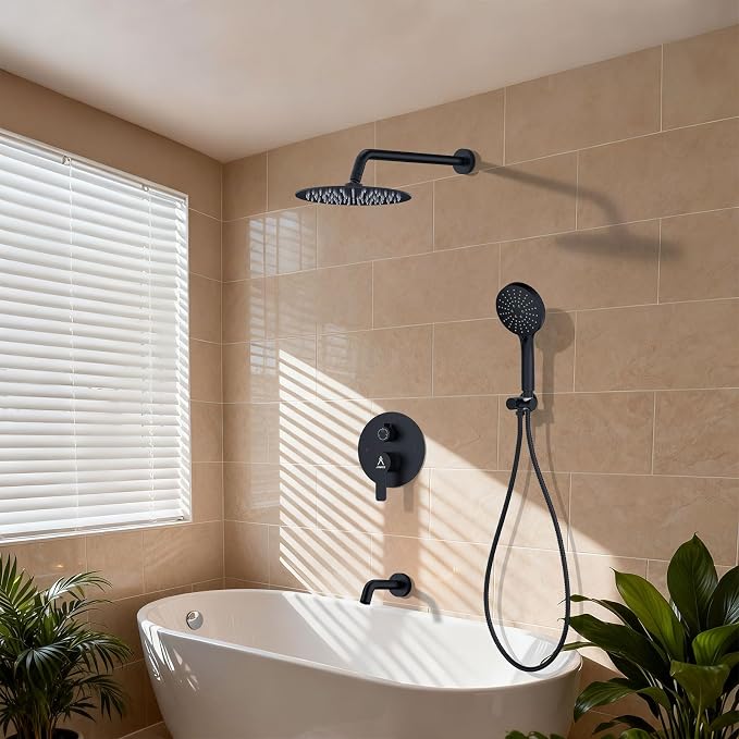 3 Functions Shower System，Modern Three-Setting 10-Inch Round Rain Shower Head and Faucet Set，Shower Faucet Set Complete Rough-in Valve and Trim Kit Included（Matte Black）