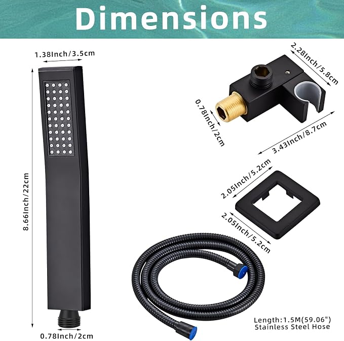 Black square hand shower head, handheld shower head with hose,brass High pressure flushing With adjustable water supply elbow Wall mount connector Shower bracket and hose set