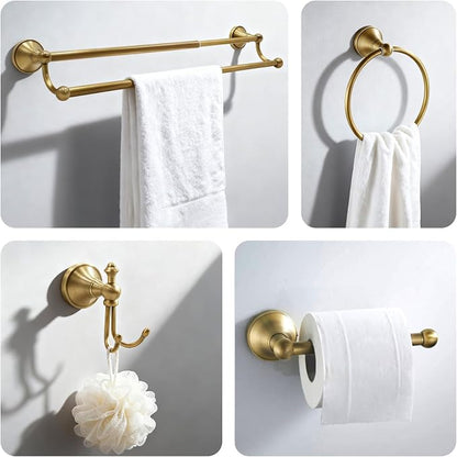 4 Piece Antique Brass Bathroom Accessories Set - 16"-27.7" Solid Brass Towel Rack, Double Vintage Towel Bar - Wall Mounted Antique Gold Bathroom Hardware