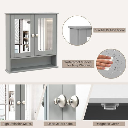 COSTWAY Bathroom Cabinet Wall Mount, Wooden Medicine Cabinet with 2 Mirror Doors, Adjustable Shelf, Open Compartment, for Laundry, Living Room, Kitchen, Gray