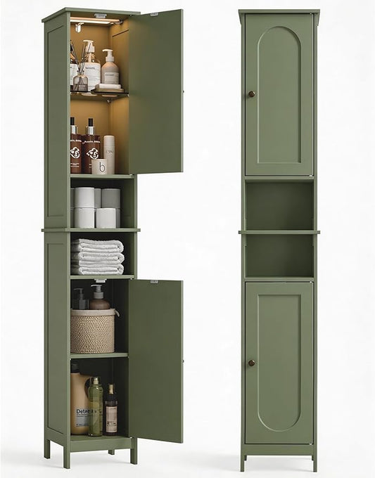HAIOOU 67" Tall Bathroom Storage Cabinet with Light,11.8"W Narrow Bathroom Cabinet with Adjustable Glass Shelves,Slim Freestanding Cabinet for Small Spaces,Skinny Cabinet for Kitchen,Living Room Green