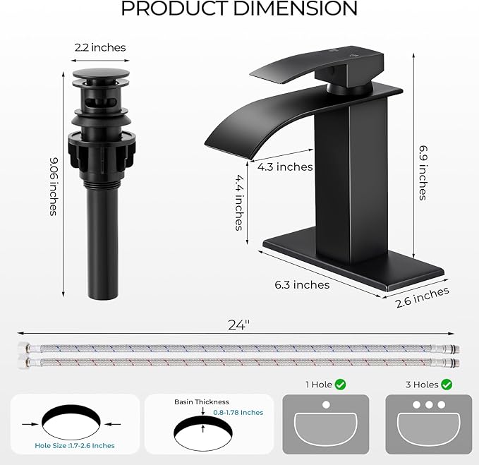 Matte Black Bathroom Faucets, Waterfall Bathroom Sink Faucet Single Handle Bathroom Faucet for 1 or 3 Hole, Mixer Tap Vanity Faucet with Deck Plate, Pop-up Drain and Supply Hoses