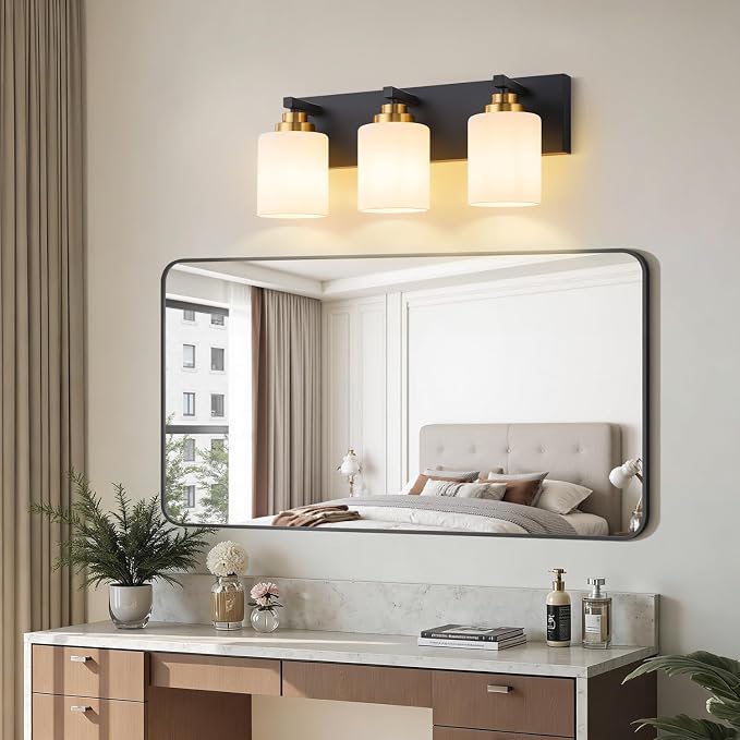 Vanity Lights for Bathroom, 3-Light Black and Gold Bathroom Vanity Light Over Mirror with Milky White Glass Shades, Modern Bathroom Light Fixtures for Living Room Hallway Cabinet (Bulbs Not Included)