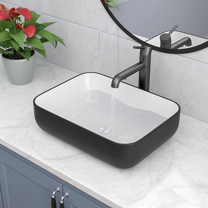 20x15 inch Rectangular Vessel Sink Above Counter Bathroom Sink | Black and White Bathroom Vessel Sink Above Counter Ceramic Porcelain Bathroom Vanity Sink Art Basin
