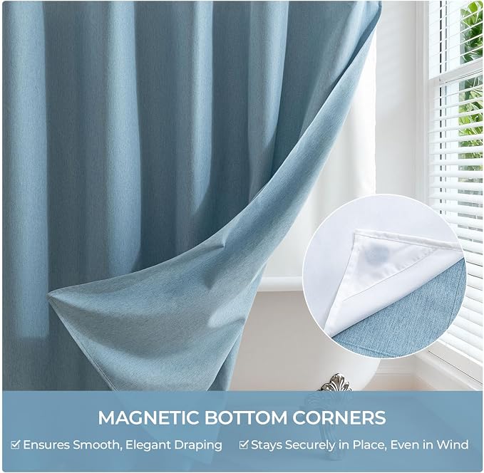 River Dream Linen Textured No Hooks Shower Curtain with Liner,Blue,71x74 | with Snap-in Liner,Heavy Duty Fabric,Quick Dry,Bottom Magnets,Water-Repellent,Washable,Farmhouse Bathroom Set