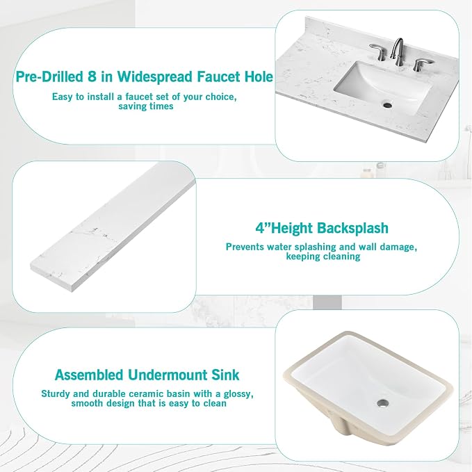 36"x22" Engineered Stone Bathroom Vanity Top with Rectangular Undermount Ceramic Right Offset Sink, 8 Inch Faucet Hole Spread with Backsplash Bathroom Vanity Sink Top (Cabinet Not Included)