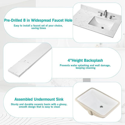 36"x22" Engineered Stone Bathroom Vanity Top with Rectangular Undermount Ceramic Right Offset Sink, 8 Inch Faucet Hole Spread with Backsplash Bathroom Vanity Sink Top (Cabinet Not Included)