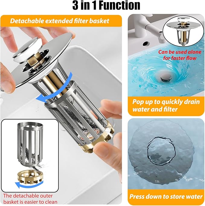 Anlige 3 in 1 Pop Up Bathroom Sink Stopper, Bathroom Sink Drain Strainer, with Removable Basket Hair Catcher, Universal Sink Plug Cover for 1.06 in to 1.6 in Drain, Brushed Nickel