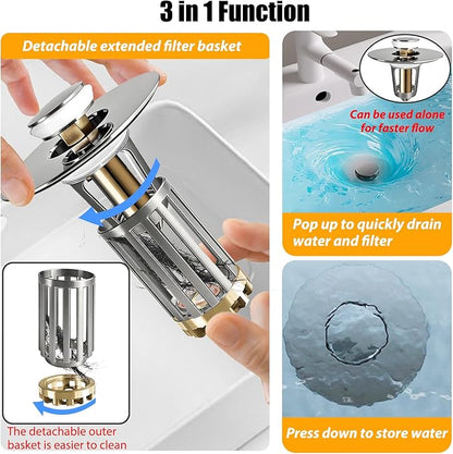 Anlige 3 in 1 Pop Up Bathroom Sink Stopper, Bathroom Sink Drain Strainer, with Removable Basket Hair Catcher, Universal Sink Plug Cover for 1.06 in to 1.6 in Drain, Brushed Nickel