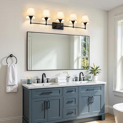 Modern Bathroom Vanity Light Fixtures: Matte Black Vanity Lights Over Mirror with Flared Fabric Shade, Farmhouse Bathroom Lighting Fixtures, 5 Light Wall Sconces Lights for Bedroom Hallway Living Room