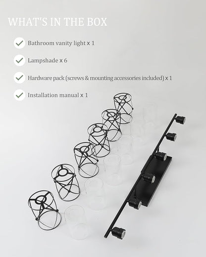 6-Light Matte Black Bathroom Light Fixtures Over Mirror, 42" UL-Listed Modern Wall Sconce Lights with Clear Glass and Metal Cage for Bath, Hardwire E26, CH9176BK-6W
