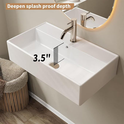 22" x 12" Wall Mount Bathroom Sink Rectangule Floating Sink Porcelain Ceramic White Bathroom Vessel Sink