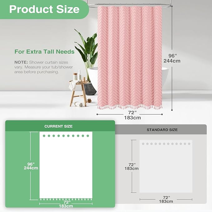 Dynamene Extra Long Shower Curtains, 96 Inches Long Boho Tufted Chevron Striped Fabric Shower Curtains for Bathroom, Tall Minimalist Waterproof Cloth Shower Curtain Set with 12 Hook, Pink, 72x96