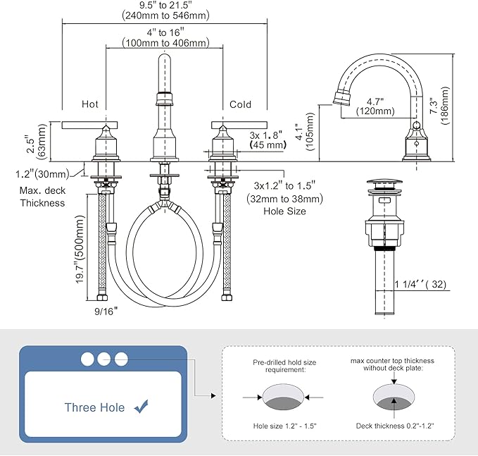 WOWOW Chrome Bathroom Faucet Widespread Bathroom Sink Faucet 3 Hole Vanity Faucet 8 Inch Brass Basin Faucet 2 Handle Tall Bathroom Tap with Drain and Hoses