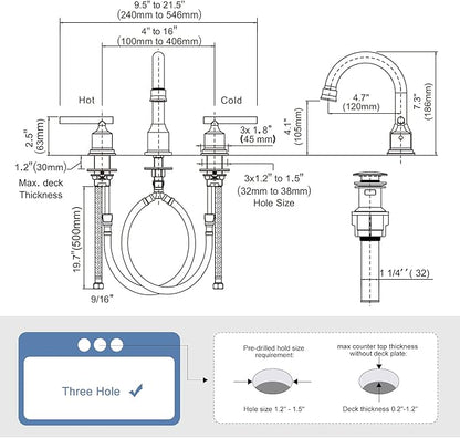 WOWOW Chrome Bathroom Faucet Widespread Bathroom Sink Faucet 3 Hole Vanity Faucet 8 Inch Brass Basin Faucet 2 Handle Tall Bathroom Tap with Drain and Hoses