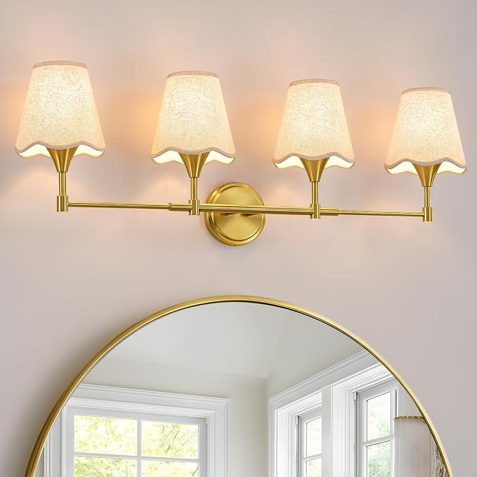 Gold Bathroom Vanity Light Fixtures: Brushed Gold Vanity Lights Over Mirror with Flared Fabric Shade, Modern Bathroom Lighting Fixtures, 4 Light Wall Sconces Lights for Bedroom Hallway Living Room