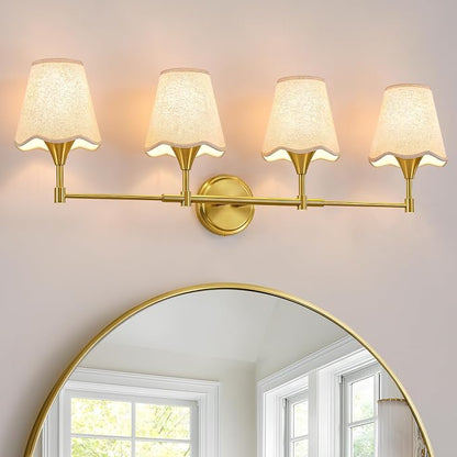 Gold Bathroom Vanity Light Fixtures: Brushed Gold Vanity Lights Over Mirror with Flared Fabric Shade, Modern Bathroom Lighting Fixtures, 4 Light Wall Sconces Lights for Bedroom Hallway Living Room