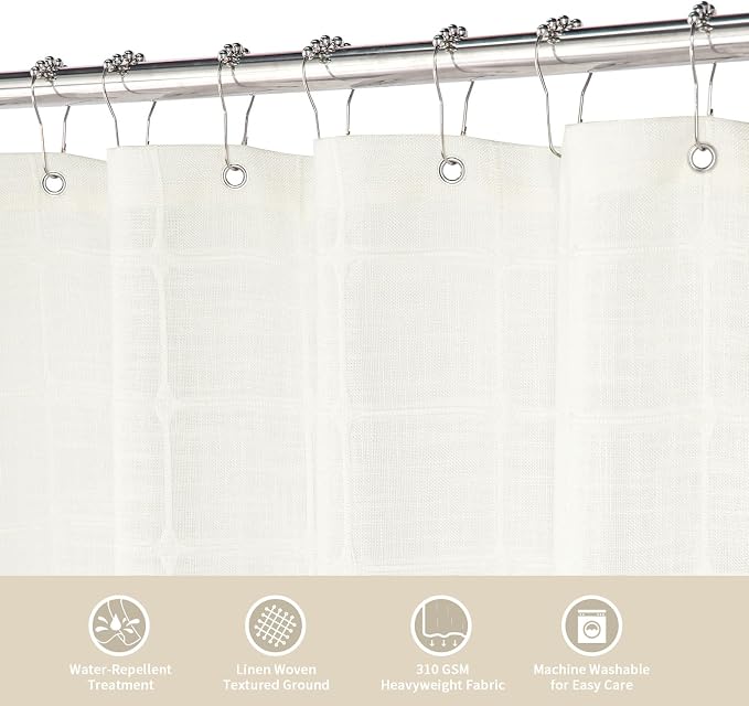 MitoVilla Modern Farmhouse Shower Curtain Set, Off White Boho Cloth Shower Curtains for Country Bathroom Decor, Ivory Vintage Rustic Thick Linen Fabric Shower Curtain with Tassel, 72 x 72