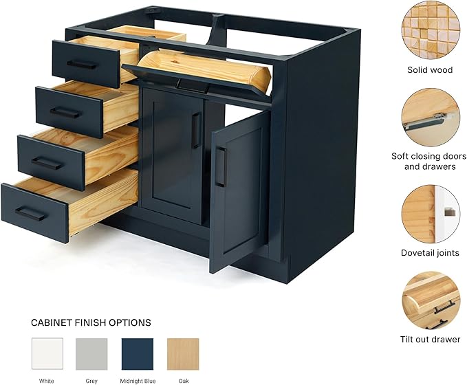 ARIEL Hepburn 42-inch Bathroom Vanity Base Cabinet,Solid Wood, 2 Soft Closing Doors, 5 Dovetail Drawers, Midnight Blue