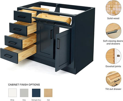 ARIEL Hepburn 42-inch Bathroom Vanity Base Cabinet,Solid Wood, 2 Soft Closing Doors, 5 Dovetail Drawers, Midnight Blue