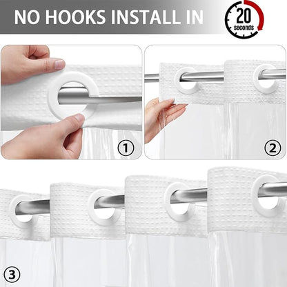 No Hook Shower Curtain with Fabric Liner White Hotel Waffle 75" L x 72" W,EVA Clear Window Shower | Washable Snap in Fabric Liner, Mesh Top Window, Waffle Hotel Style Shower Curtain Set