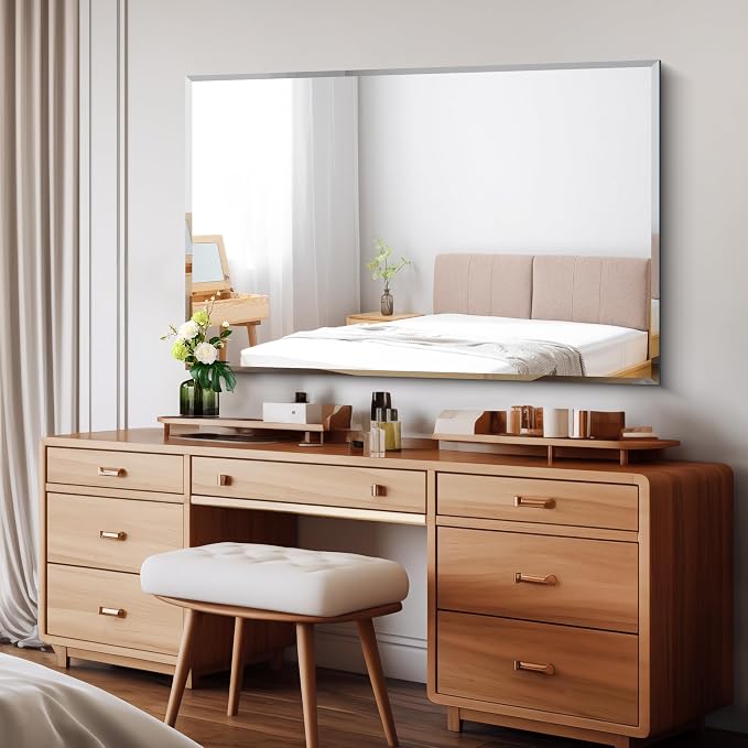 CILIBER Beveled Mirror, 30x48 Large Frameless Bathroom Mirrors for Wall, 3mm Tempered Glass Rectangle Vanity Mirror with Beveled Edge, Crystal-Clear, Hangs Horizontally or Vertically