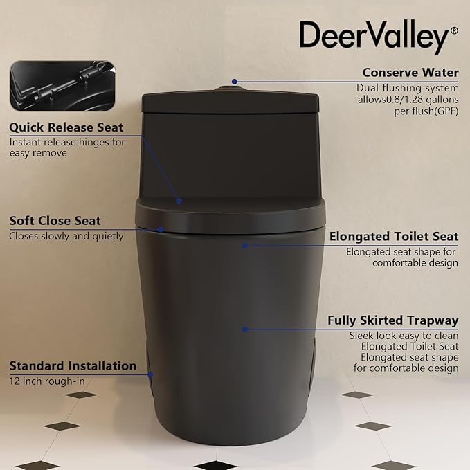 DeerValley One Piece Toilet Elongated 1.1/1.6 GPF Dual Flushing Toilets with 17" ADA Comfortable Chair Seat 12" Rough-In High-Efficiency Black Toilet DV-1F52636B