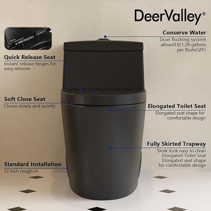 DeerValley One Piece Toilet Elongated 1.1/1.6 GPF Dual Flushing Toilets with 17" ADA Comfortable Chair Seat 12" Rough-In High-Efficiency Black Toilet DV-1F52636B