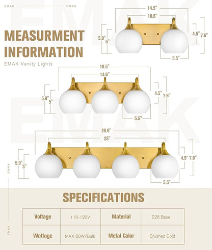 Emak Globe Bathroom Light Fixtures, Brushed Gold Vanity Lights with Milk Glass Shade, Modern 2-Light Wall Sconce for Bathroom, Mirror, VL118-BGD-ML-2