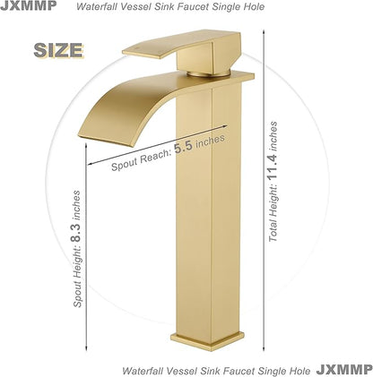 Vessel Sink Faucet, JXMMP Brushed Gold Bathroom Faucet Single Hole with Supply Hose and Pop Up Drain, Single Handle Waterfall Faucet for Bowl Sink, 1 Hole Vanity Faucet, JXM1221BG