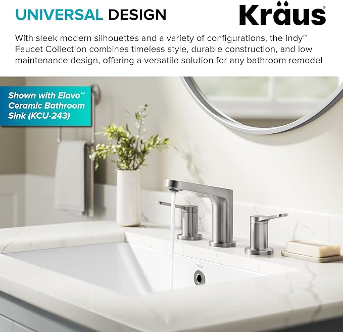 KRAUS Indy Widespread Bathroom Faucet in Spot-Free Brushed Nickel with 2 Handles, Pop Up Drain and Supply Lines, FUS-14103SFBN