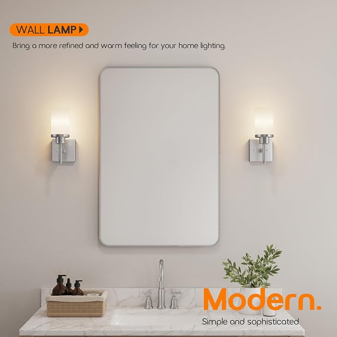 Bathroom Light Fixtures Brushed Nickel Vanity Lights with White Frosted Glass Shade, Wall Lamp for Mirror Kitchen Bedroom Porch, 2 Pack T001BR-L1-P2