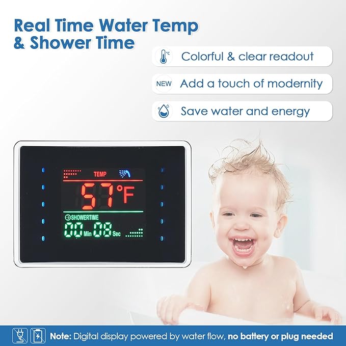 ROVOGO LED Rainfall Waterfall Shower Panel with 3 Body Jets, Handheld and Tub Spout, No Battery Needed Shower Tower with Temp Display, 304 Stainless Steel Brushed