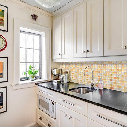 3D Mosaic Tile Sticker Removable Wallpaper Tile Yellow, 3D Self Adhesive Wall Tiles Bathroom Wall Tiles for Kitchen Backsplash Yellow, PVC Square Decorative Vinyl Tile Decals, 4 Sheets