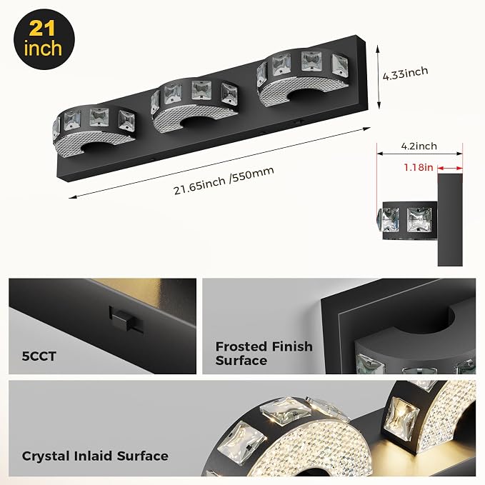 Modern Bathroom Vanity Lights 21.6inch 24W 5 Color Temperature Black Vanity Light (3-Light,Dimmable) Crystal Bathroom Light Fixtures for Bathroom Mirror Restroom