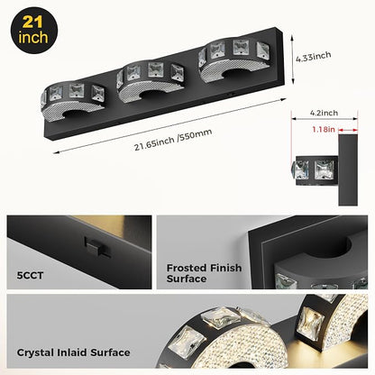 Modern Bathroom Vanity Lights 21.6inch 24W 5 Color Temperature Black Vanity Light (3-Light,Dimmable) Crystal Bathroom Light Fixtures for Bathroom Mirror Restroom