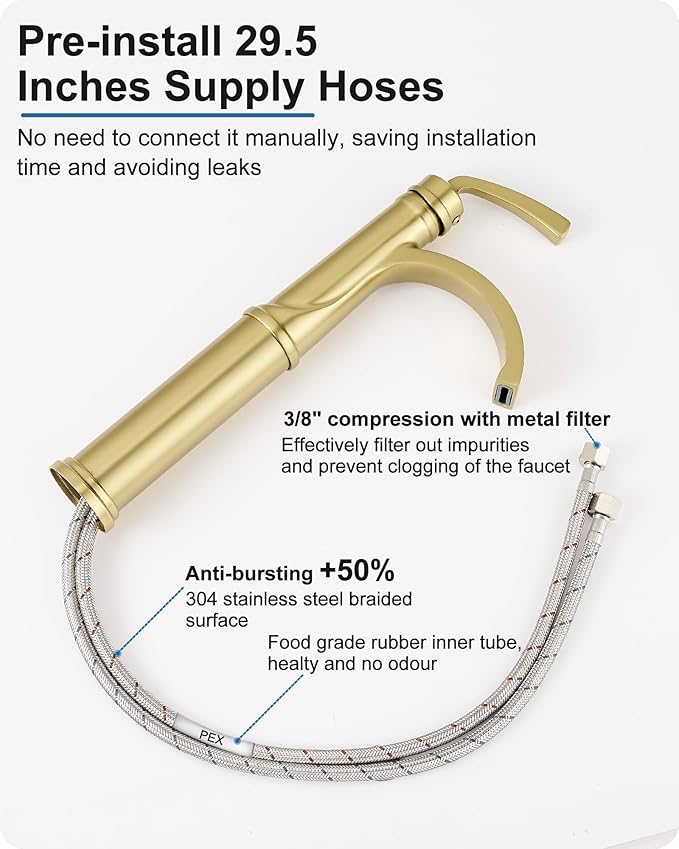 Tall Vessel Sink Faucet, Brass Waterfall Bathroom Sink Faucet Single Handle, Gold Bathroom Faucet 1 Hole, Tall Bathroom Faucets with Pop-Up Drain Water Supply Hoses