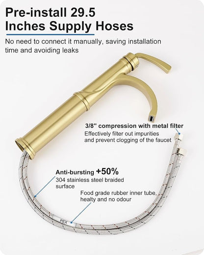 Tall Vessel Sink Faucet, Brass Waterfall Bathroom Sink Faucet Single Handle, Gold Bathroom Faucet 1 Hole, Tall Bathroom Faucets with Pop-Up Drain Water Supply Hoses