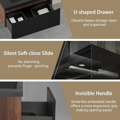 30" Floating Bathroom Vanity with Sink, Wall-Mounted Smoked Walnut Storage Cabinet, Wave-Textured Soft-Close Drawer & Matte Black Quartz Sand Basin
