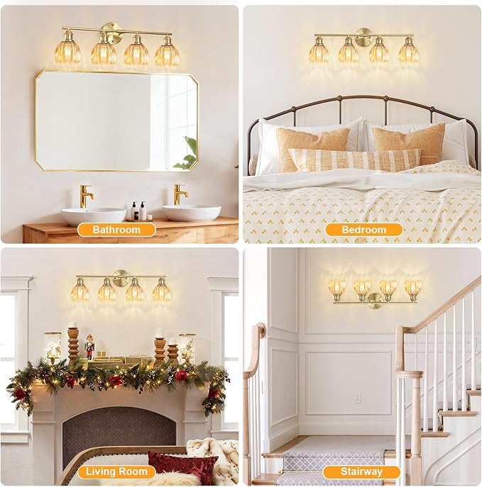 Bathroom Light Fixtures, 4-Light Brushed Gold Vanity Lights for Bathroom with Amber Tulip Glass Shade, 26" Vintage Bathroom Vanity Lighting Fixtures Over Mirror for Bedroom Living Room Hallway