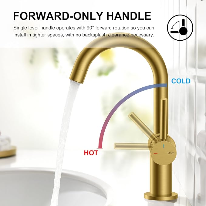 Brushed Gold Single Handle Bathroom Faucet, Single Hole Vanity Faucet | Bathroom Sink Faucet with Pop Up Drain & 6 Inch Deck Plate, Lead-Free cUPC & NSF Certified, 1 Handle Faucet for Vanity RV Bar