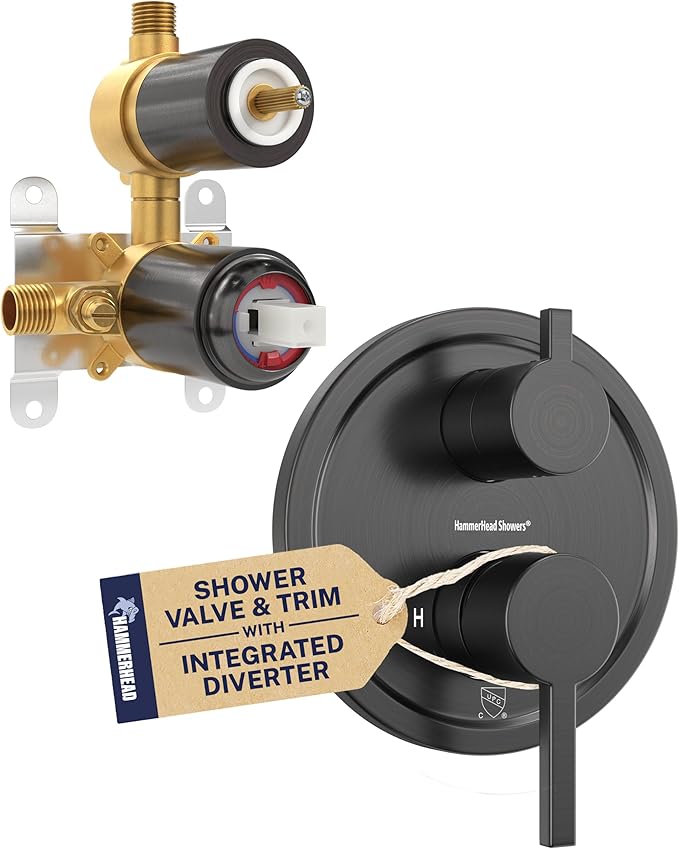 HammerHead Showers Solid Metal Shower Valve and Trim Kit, Two-Handle Volume and Temperature Control with Integrated Diverter, Pressure Balance Rough-In Valve Included, Oil Rubbed Bronze