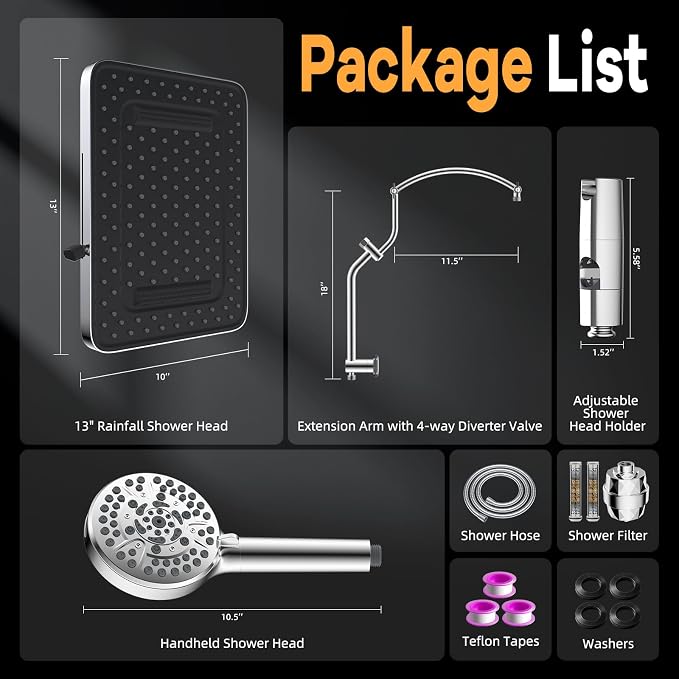 Hibbent 13" Filtered Shower Head & Filtered 10-Mode Handheld Combo, Chrome | High Pressure 5-Spray Showerhead, 4-way Diverter, Heightened All Metal Extension Arm, 3 Filter Cartridges, Easy Reach