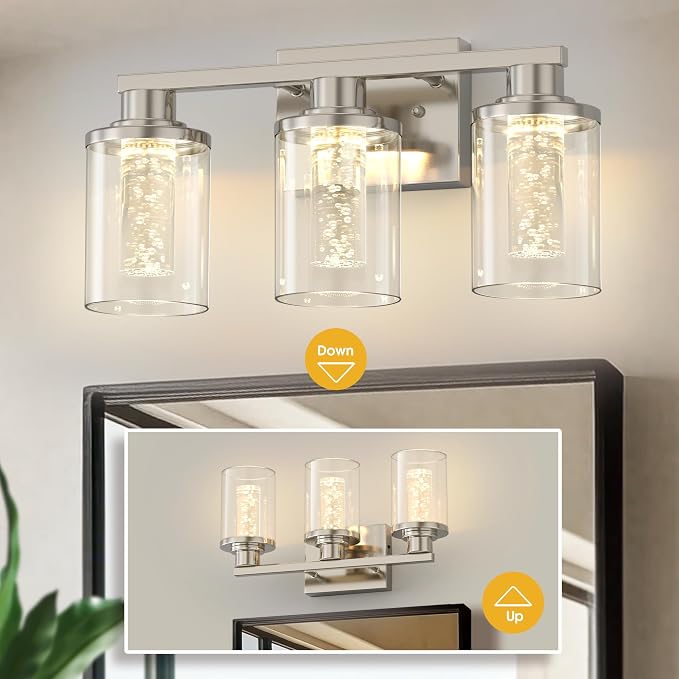 L LOHAS LED 3-Light Bathroom Vanity Light, Nickel, 5CCT, Remote Control | 5CCT Dimmable Acrylic Bathroom Light Fixtures with Clear Glass Shades and Remote Control