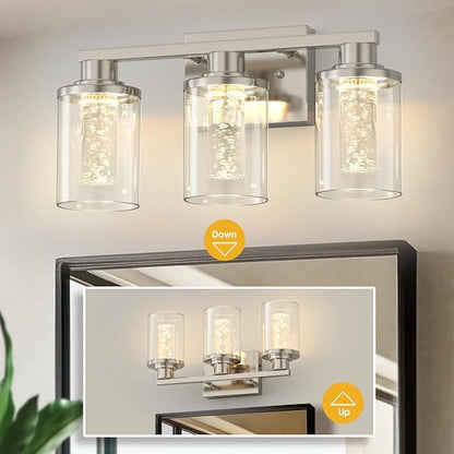 L LOHAS LED 3-Light Bathroom Vanity Light, Nickel, 5CCT, Remote Control | 5CCT Dimmable Acrylic Bathroom Light Fixtures with Clear Glass Shades and Remote Control