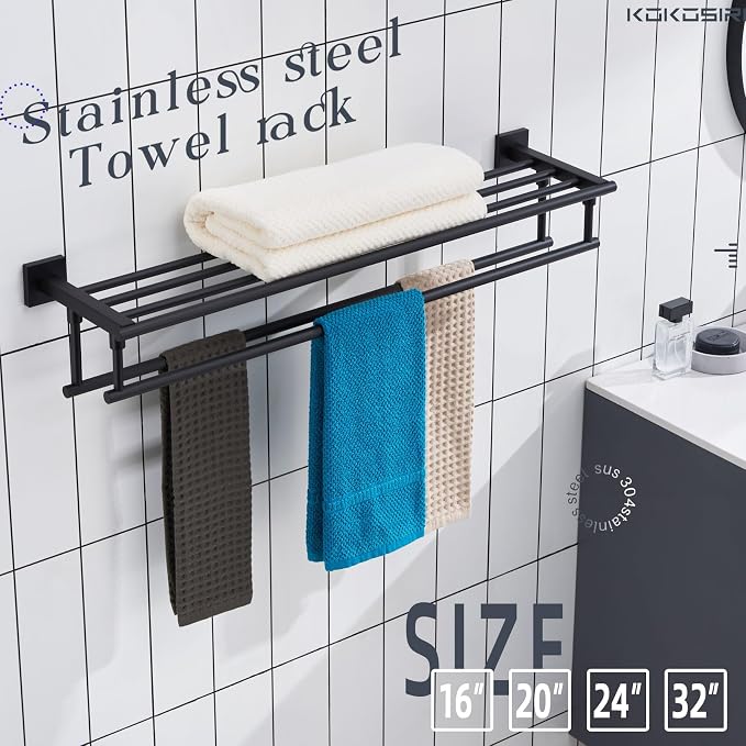 KOKOSIRI Bath Towel Rack with Double Towel Bars 32-Inch Bathroom Towel Shelves Towel Holder Wall Mounted Stainless Steel, Matte Black, B6005BK-L32