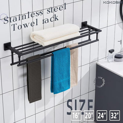 KOKOSIRI Bath Towel Rack with Double Towel Bars 32-Inch Bathroom Towel Shelves Towel Holder Wall Mounted Stainless Steel, Matte Black, B6005BK-L32