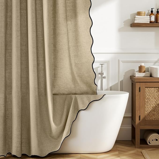 MIULEE Khaki Scalloped Linen Shower Curtain 72W x 72L | 12 metal hooks, Linen scalloped, waterproof washable, thick heavy cloth, black border, boho farmhouse, bathroom hotel use