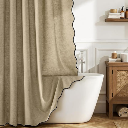 MIULEE Khaki Scalloped Linen Shower Curtain 72W x 72L | 12 metal hooks, Linen scalloped, waterproof washable, thick heavy cloth, black border, boho farmhouse, bathroom hotel use